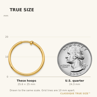 14K Non-Pierced Hoop Earrings, 25 x 2mm