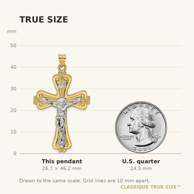 14K Two-tone Polished Solid Fancy Inri Crucifix Pendant, 46.2 x 31.32mm
