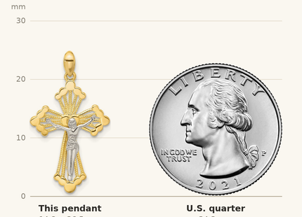 Classique True Size: Sterling Silver Gold-tone and Rhodium-plated Crucifix Cross Pendant shown next to a US quarter (24.3 mm)