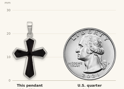 Classique True Size: Sterling Silver Rhodium-plated Polished Black Enameled Cross Pendant shown next to a US quarter (24.3 mm)
