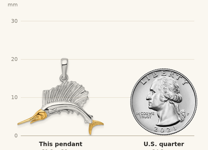 Classique True Size: De-Ani Sterling Silver Rhodium-Plated Polished Sailfish with 14k Accents Pendant shown next to a US quarter (24.3 mm)