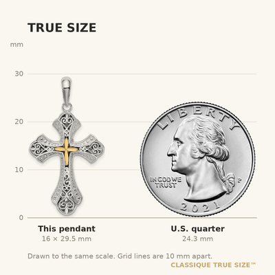 De-Ani Sterling Silver Rhodium-Plated Filigree Budded Cross with 14K Accent Pendant