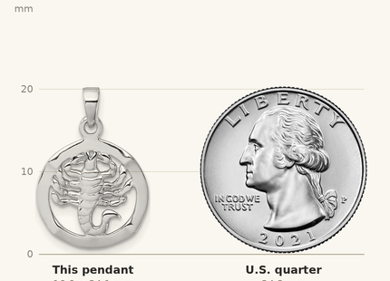 Classique True Size: Sterling Silver Rhodium-plated Polished Reversible Scorpio in Circle Zodiac Pendant shown next to a US quarter (24.3 mm)