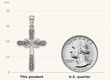Classique True Size: Sterling Silver Rhodium-plated Amethyst Infinity Cross Pendant shown next to a US quarter (24.3 mm)