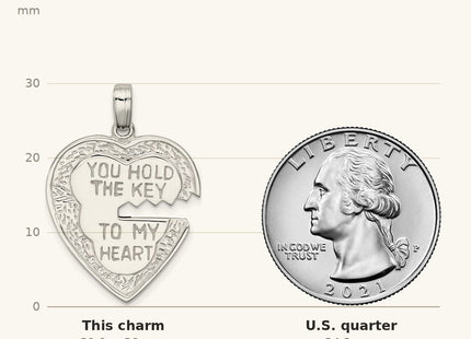 True size: Sterling Silver Heart and Key Charms shown next to a US quarter (24.3 mm)