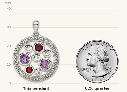 Classique True Size: Sterling Silver Rhodium Amethyst Garnet and White Topaz Circle Pendant shown next to a US quarter (24.3 mm)