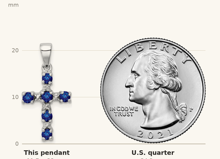Classique True Size: Sterling Silver Rhodium Dark Sapphire & Diamond Accent Cross Pendant shown next to a US quarter (24.3 mm)