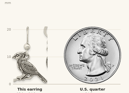 Classique True Size: Sterling Silver Antiqued Bird on Branch Dangle Earrings shown next to a US quarter (24.3 mm)