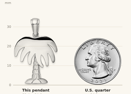 Classique True Size: De-Ani Sterling Silver Rhodium-Plated Polished Charleston Palm Tree Pendant shown next to a US quarter (24.3 mm)