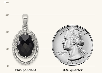 Classique True Size: Sterling Silver Rhodium-plated Polished and Beaded Faceted Black Onyx Oval Pendant shown next to a US quarter (24.3 mm)