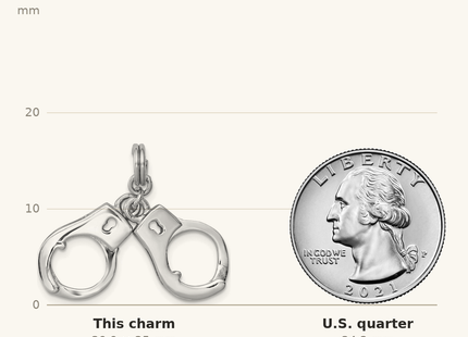 Classique True Size: Sterling Silver Rhodium-platedPolished Movable Handcuffs Charm shown next to a US quarter (24.3 mm)
