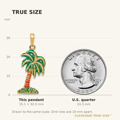 14K Enameled Palm Tree Pendant, 32.5 x 14mm