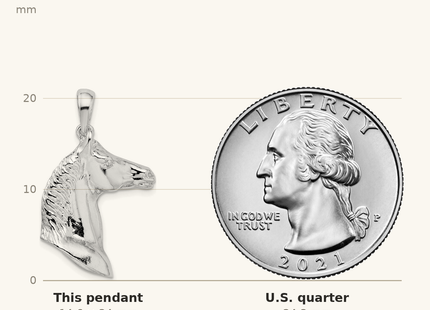 Classique True Size: De-Ani Sterling Silver Rhodium-Plated Polished 3D Horse Head Pendant shown next to a US quarter (24.3 mm)