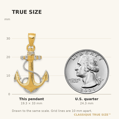 14K w/ Rhodium Anchor W/Rope Pendant, 33 x 20mm