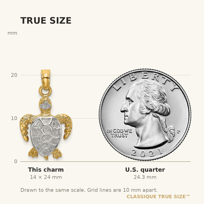 14K with White Rhodium Swimming Sea Turtle Charm