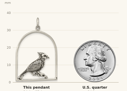 Classique True Size: Sterling Silver Antiqued Bird on Branch in Cage Pendant shown next to a US quarter (24.3 mm)