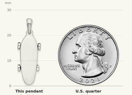 Classique True Size: De-Ani Sterling Silver Rhodium-Plated Polished Moveable 3D Skateboard Pendant shown next to a US quarter (24.3 mm)