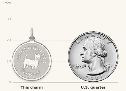 True size: Sterling Silver Rhodium-plated West Highland Terrier Disc Charm shown next to a US quarter (24.3 mm)
