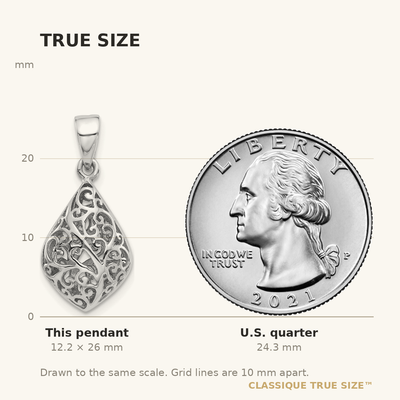 Sterling Silver Rhodium-Plated Polished Puffed Filigree Teardrop Pendant, 26 x 12.2mm