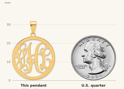 True size: 10k Yellow Gold Large Round Monogram Pendant shown next to a US quarter (24.3 mm)