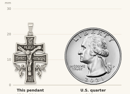 Classique True Size: Sterling Silver Antiqued Mini Caravaca Crucifix Pendant shown next to a US quarter (24.3 mm)