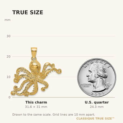 14K Textured Octopus Charm, 31 x 34.85mm