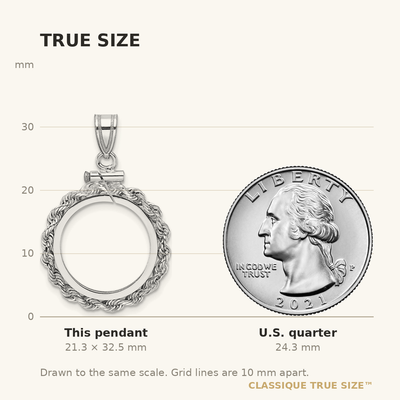 Wideband Distinguished Coin Jewelry 14K White Gold Polished Rope x Screw Top Coin Bezel Pendant, 32.55 x 21.2mm