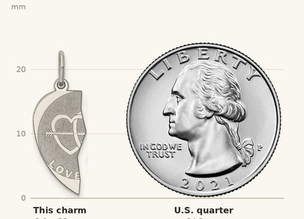 True size: Sterling Silver Rhodium-plated 2-piece Love You Disc Charm shown next to a US quarter (24.3 mm)