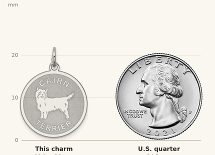 Classique True Size: Sterling Silver Rhodium-plated Cairn Terrier Charm shown next to a US quarter (24.3 mm)