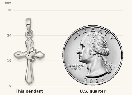 Classique True Size: Sterling Silver Rhodium-plated Polished Cross With Dove Pendant shown next to a US quarter (24.3 mm)