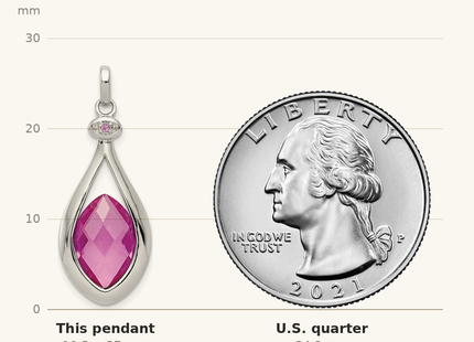 Classique True Size: Sterling Silver Rhod-plated Synthetic Red Fancy-cut Marquise Pendant shown next to a US quarter (24.3 mm)
