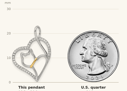 Classique True Size: Sterling Silver Rhodium-plated Gold-tone CZ Cat in Heart Pendant shown next to a US quarter (24.3 mm)