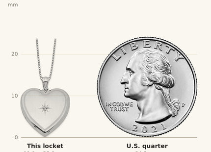 True size: Sterling Silver RH-plated Diamond Pol/Satin Heart Locket & Pendant Set shown next to a US quarter (24.3 mm)