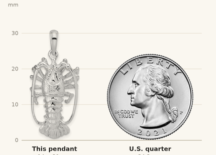 Classique True Size: De-Ani Sterling Silver Rhodium-Plated Polished Large Florida Lobster Pendant shown next to a US quarter (24.3 mm)