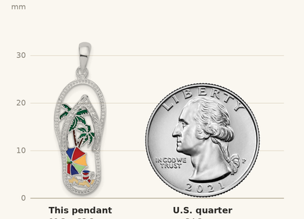 Classique True Size: De-Ani Sterling Silver Rhodium-Plated Enameled Beach Scene Flip-flop Pendant shown next to a US quarter (24.3 mm)