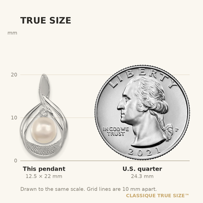 14K White Gold White Round Freshwater Cultured Pearl AA Diamond Pendant, 22 x 12mm