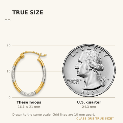 14K w/White Rhodium Diamond Cut Oval Hoop Earrings