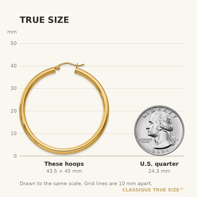 14K Polished Lightweight Tube Hoop Earrings, 45 x 3mm