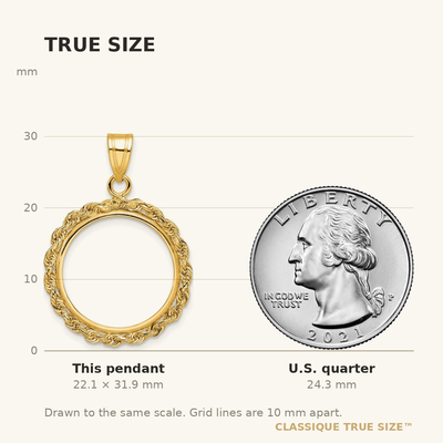 Wideband Distinguished Coin Jewelry 14K Polished Rope Prong Coin Bezel Pendant, 31.9 x 22.7mm