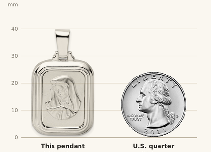 Classique True Size: Sterling Silver Satin & Polished Mary w/Hail Mary Prayer Pendant shown next to a US quarter (24.3 mm)