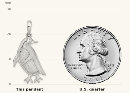 Classique True Size: De-Ani Sterling Silver Rhodium-Plated Polished and Textured Penguin Pendant shown next to a US quarter (24.3 mm)