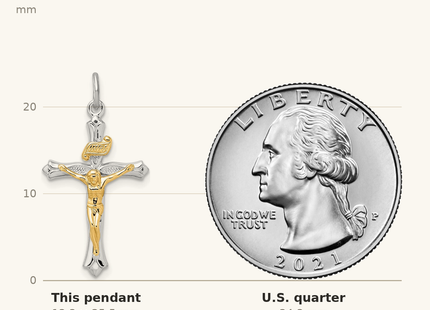 Classique True Size: Sterling Silver Platinum-plated & Gold Tone Crucifix Pendant shown next to a US quarter (24.3 mm)