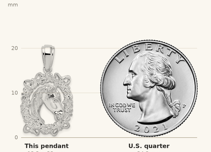 Classique True Size: De-Ani Sterling Silver Rhodium-Plated Polished Horse Head in Wreath Pendant shown next to a US quarter (24.3 mm)