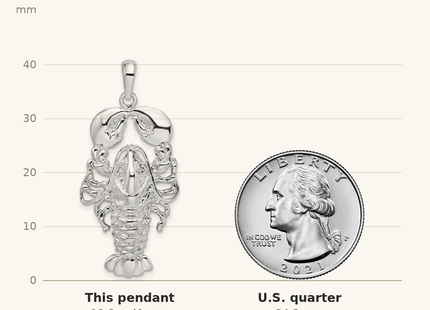 Classique True Size: De-Ani Sterling Silver Rhodium-Plated Polished Maine Lobster Pendant shown next to a US quarter (24.3 mm)
