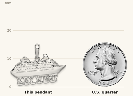 Classique True Size: De-Ani Sterling Silver Rhodium-Plated Polished Key West Cruise Ship Pendant shown next to a US quarter (24.3 mm)