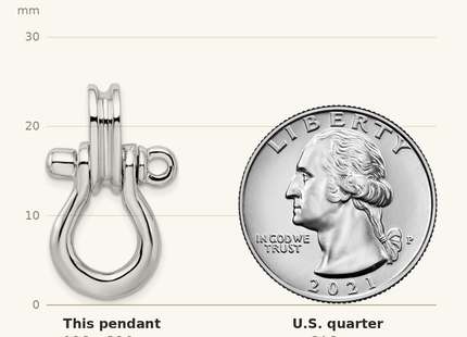 Classique True Size: De-Ani Sterling Silver Rhodium-Plated 3D Large Shackle Link with Pulley Pendant shown next to a US quarter (24.3 mm)