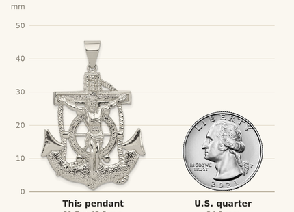 Classique True Size: Sterling Silver Polished Mariner Crucifix Pendant shown next to a US quarter (24.3 mm)