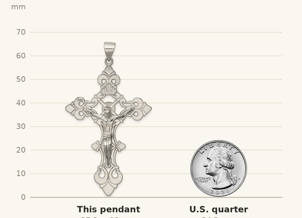 Classique True Size: Sterling Silver Polished Large INRI Crucifix Pendant shown next to a US quarter (24.3 mm)