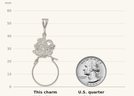 Classique True Size: Sterling Silver #1 Mom Charm Holder shown next to a US quarter (24.3 mm)