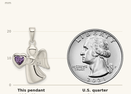 Classique True Size: Sterling Silver Angel w/Purple CZ Heart Pendant shown next to a US quarter (24.3 mm)